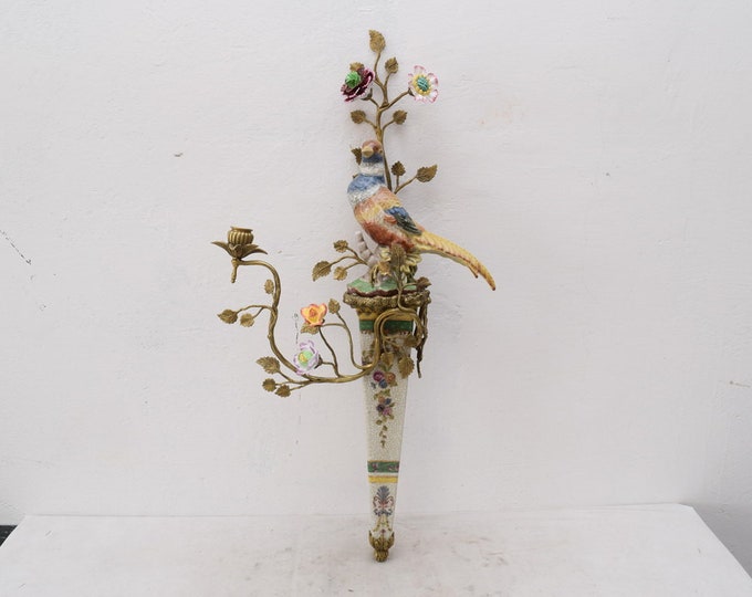 Porcelain with Bronze Candlestick Birds on a Branch Bird  Art Deco Gift -
