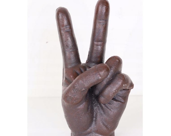 Vintage Cast Iron Peace Sign Hand Sculpture – Industrial Desk Art