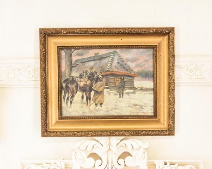 Antique Polish Oil Painting – Returning Soldiers from War