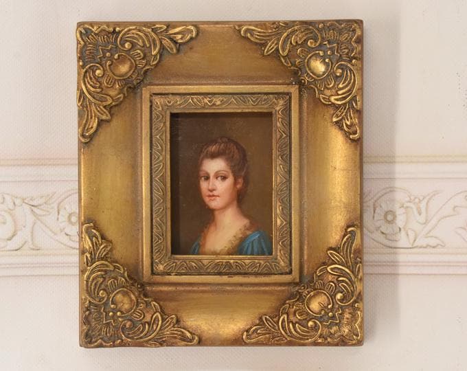 French Aristocrat Portrait Painting: Old Oil on Wood with Golden Frame