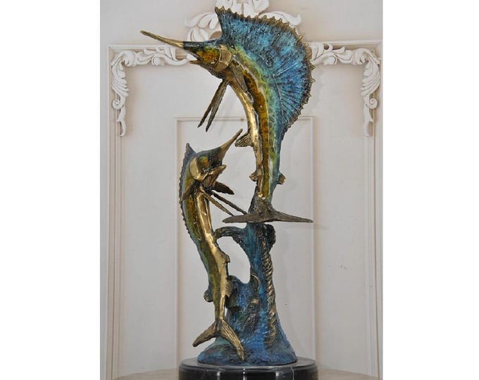 Two Large Fishes Marlins - Bronze Staute - Marlin Bronze Statue - Art Work Painted Sailfish - Gift for Fisherman - Fish Sculpture on Marble