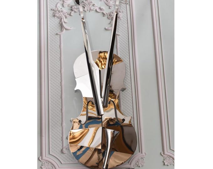Very Large! Silver Stainless Steel Violin by D. Smith – Vintage Musical Sculpture on Granite Base – Gift for Violinist Collectible Music Art