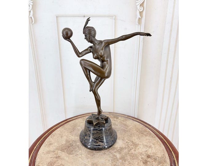 Signed French Bronze Dancer Sculpture – Art Deco Woman Sphere, Marble Base
