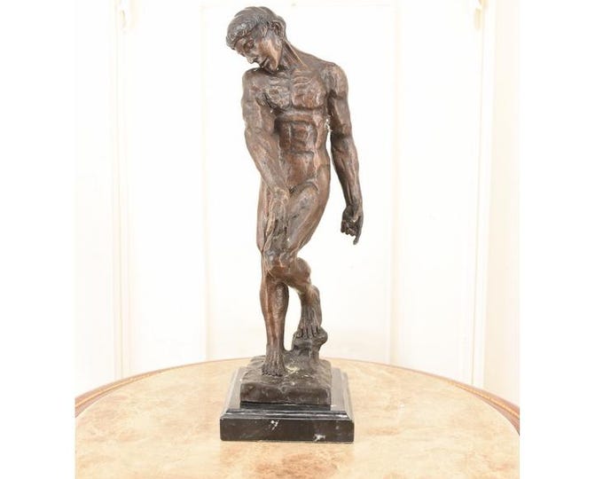 Rodin Style Bronze Statue – Adam Man Figure, Signed Sculpture on Marble Base