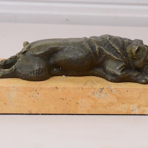 Funny Lying BullDog Sculpture - Dog Bronze Statue on Marble Base - Gift Idea for Birthday, Wedding, Housewarming - Home Decor
