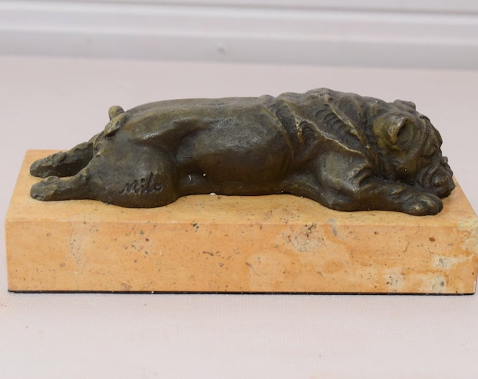Funny Lying BullDog Sculpture - Dog Bronze Statue on Marble Base - Gift Idea for Birthday, Wedding, Housewarming - Home Decor