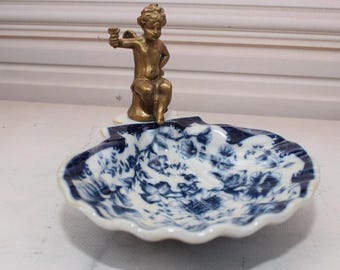 Vintage Art Nouveau Porcelain Soap Dish with Bronze Angel