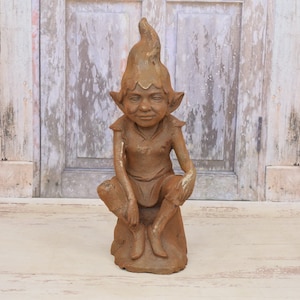 Funny Sitting Gnome - Cast Iron Rustical Pixie - Vintage Figure - Garden and Home Decor - Funny Garden Sculpture - Housewarming Gift