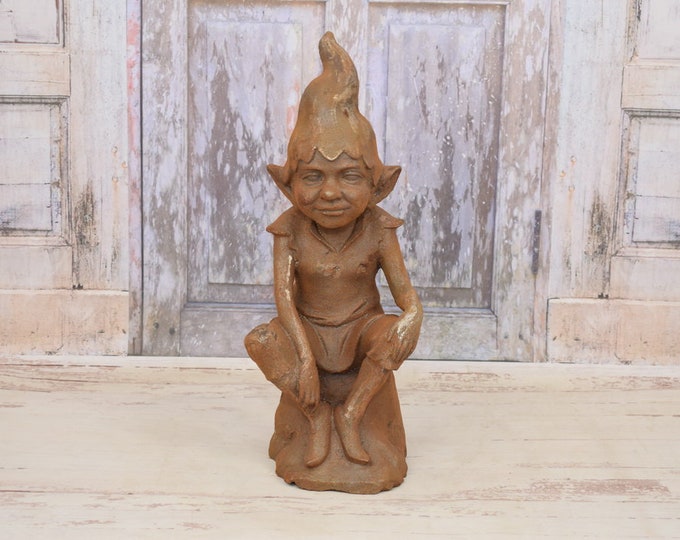 Funny Sitting Gnome - Cast Iron Rustical Pixie - Vintage Figure - Garden and Home Decor - Funny Garden Sculpture - Housewarming Gift