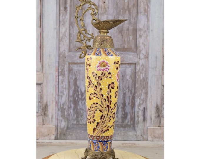 Porcelain Wine Jug with Bronze Handle - Porcelain Carafe - Bronze Floral Ornaments - Art Nouveau Style - Home Decor - Kitchen Decor