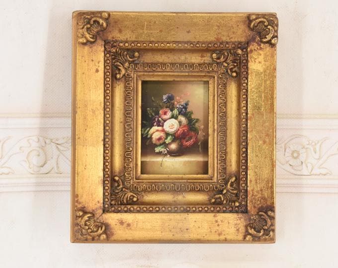 Vintage Miniature Floral Oil Painting – European Still Life Art