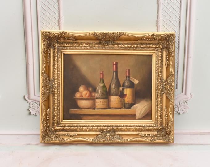 French Wine Still Life Oil Painting | Vintage Wine Bottles & Glasses on Table | Rustic French Kitchen Art