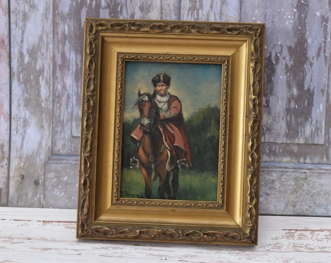 J. Brandt Cossack on Horseback - Painting Oil on Wood - Antique Painting with Wooden Frame - Wall Decor - Home Decor - Old Painting