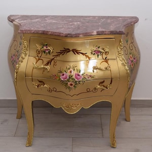 French Commode Louis XVI – Hand-Painted Floral Chest with Marble Top, Vintage Furniture – Elegant Home Decor – Gift Idea