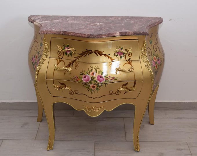 French Commode Louis XVI – Hand-Painted Floral Chest with Marble Top, Vintage Furniture – Elegant Home Decor – Gift Idea