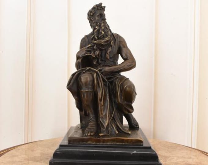 Vintage French Bronze Moses Sculpture – Michelangelo Style, Signed Religious Art