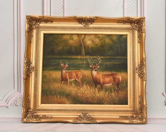Deer in Meadow Oil Painting | Wildlife Forest Lake Scene on Canvas | Rustic Nature Wall Art