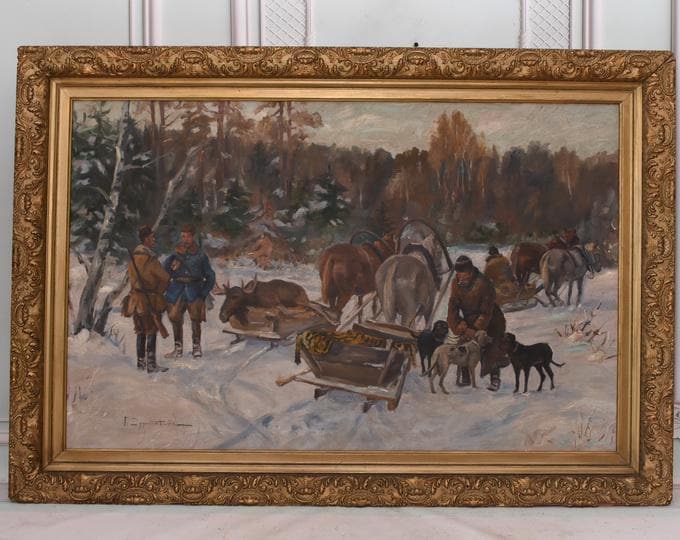 Antique Hunting Trip Painting: Zygmuntowicz Winter Landscape with Gold Frame