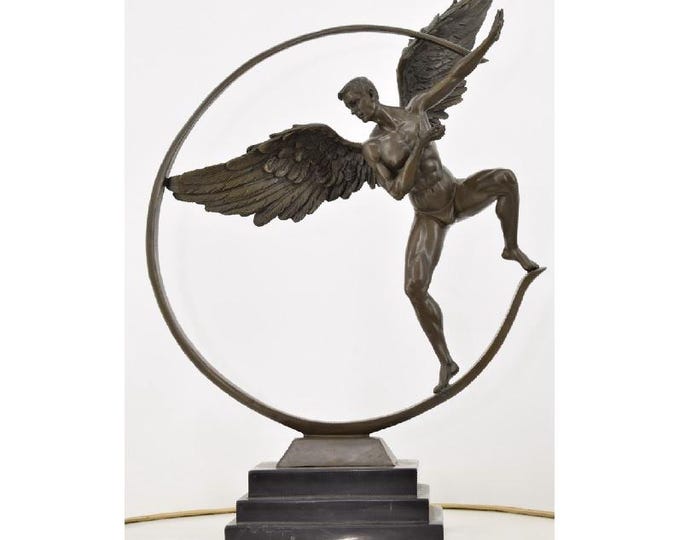 Large Icarus on Moon Bronze Sculpture on Marble Base - Vintage Figurine - Mythological Statue - Winged Man Act - Luxury Gift - Home Decor