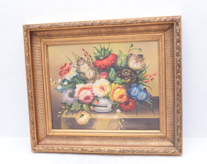 Large Flowers Painting in Golden Frame Oil on Canvas French Art Gift Flower Wall Decoration Vintage