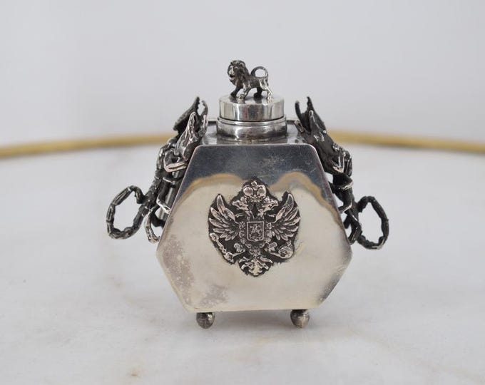 Silver Jewish Inkwell with 2 Scorpions – Unique Star of David Judaica – Imperial Russia Silver 84 – Collector’s Office Decor