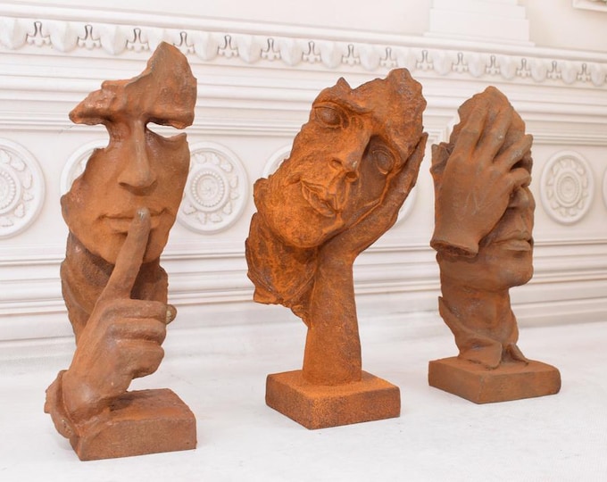 Hear No Evil, See No Evil, Speak No Evil - Cast Iron Garden Statues - Rust Finish - Home and Garden Decor - Gift Idea - 3 Rustical Figures