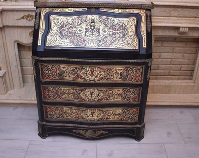 Boulle Style Bar Commode – French Brass Inlay Drop-Front Cabinet