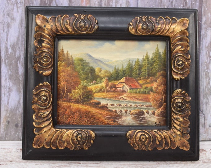 French Landscape - River and Waterfall Nature Art - Painting with Gold and Black Frame - Handmade Gift - Wall Decor - Amazing Home Decor
