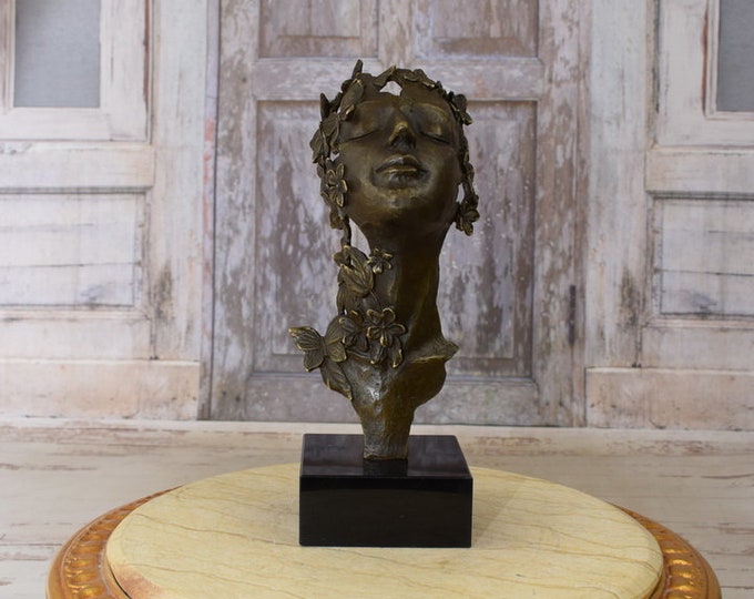 Girl with Flowers on Head Bronze Art Work - Milo Style - Modernist Bronze Sculpture Woman - Abstract Figurine - Home Decor Gift