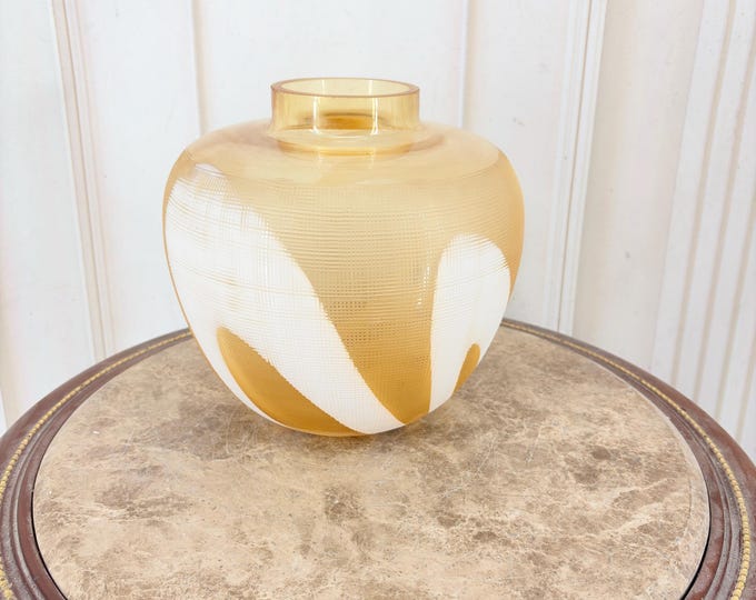 Vintage Amber White Art Glass Vase – Thick Heavy Modernist Decorative Home Decor