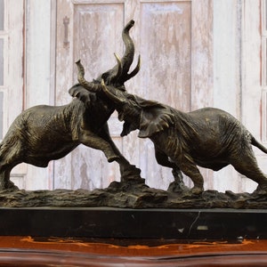 Wonderful Bronze Two Fighting Elephants - Elephant Bronze Sculpture on Marble Base - Unique Vintage Statue - Home Decor - Foundry Mark