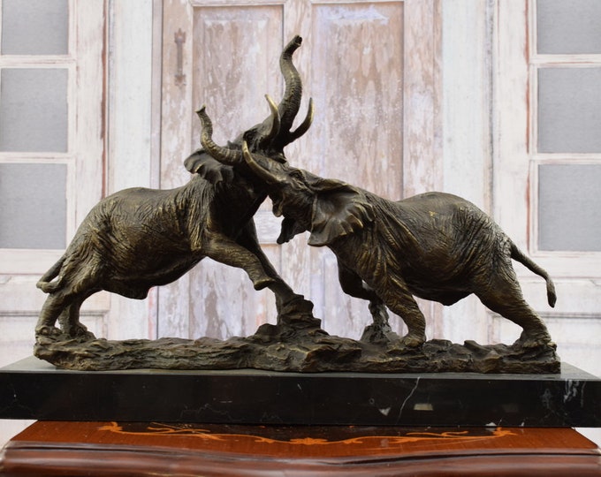 Wonderful Bronze Two Fighting Elephants - Elephant Bronze Sculpture on Marble Base - Unique Vintage Statue - Home Decor - Foundry Mark
