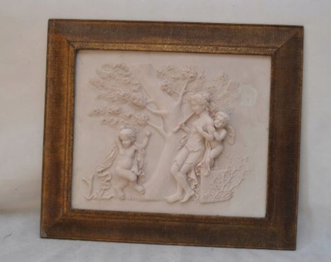 Painting Alabaster with Gold Frame - Angels with Nymph - Amazing Gift Wall Decor Stone mythologic scene vintage