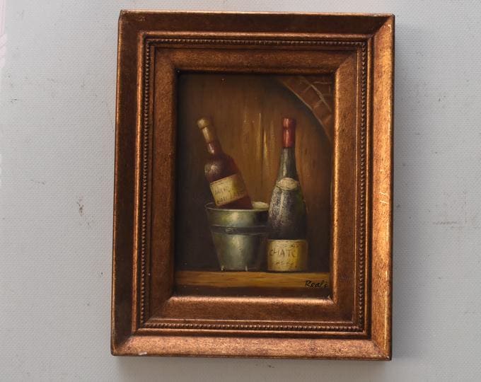 French Wine Still Life Oil Painting: Vintage Rustic Kitchen Art