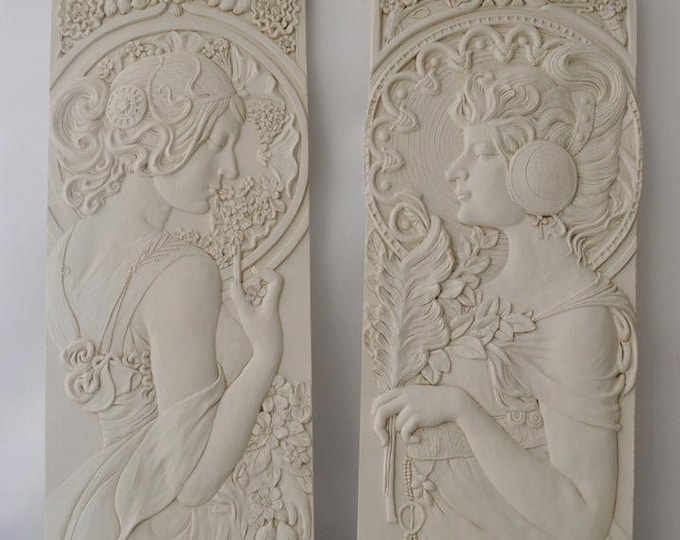 Pair of Art Nouveau Bas-Reliefs – Beige Wall Decor – Ancient Greece Motif – Alfons Mucha Inspired – Unique Gift Idea