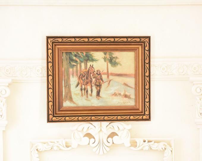 Antique Polish Oil Painting – Returning Soldier from War