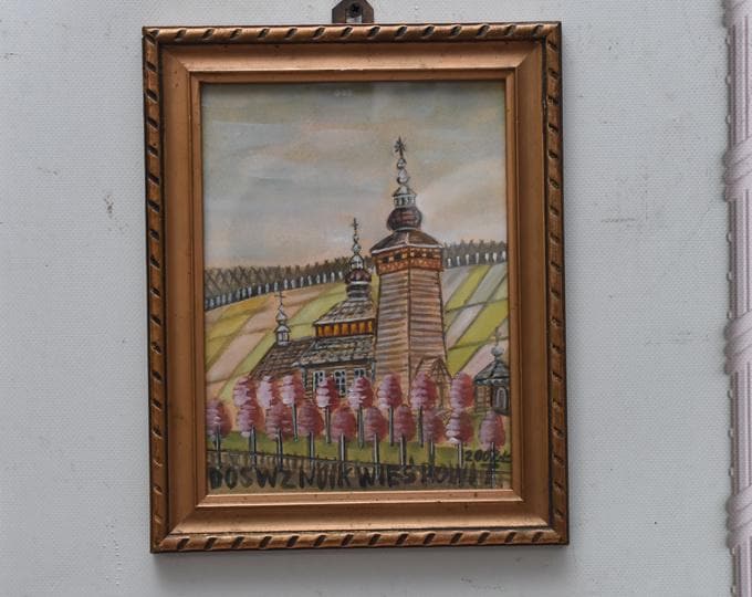 Nikifor Krynicki Painting: Old Krynica Zdroj, Polish Art Pastel on Carton