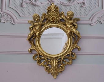 Antique Style Crystal Mirror: Gold Cherub Frame, Luxury Wall Decor
