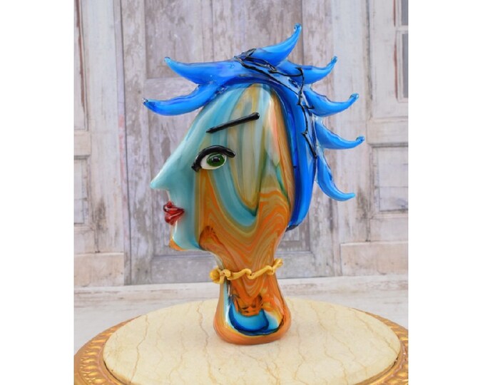Amazing Statue Woman Head - Vintage Murano Style Glass - Blue and Orange Face Murano Style - Colorful Figurine - Home Decor Gift