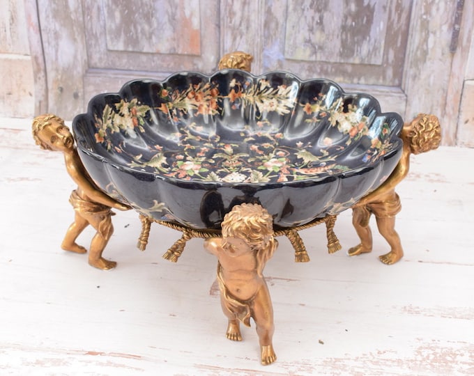 Large Amazing Porcelain Bowl - Bronze Ornaments Angels - Black Plateau Porcelain Vintage - Luxury Bowl - Angels and Flowers