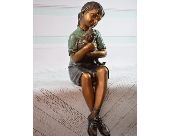 Bronze Statue Young Girl with Dog - Amazing Garden Statue - Beautiful Bronze Child with Friend - Sculpture Bronze - Decorated for Garden