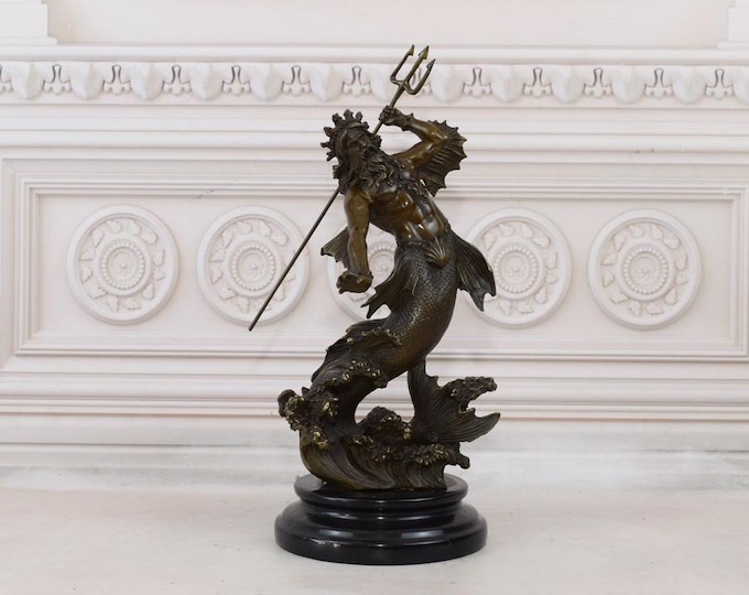 Majestic Roman God Neptune Bronze Statue with Trident - Mythological Figurine - Elegant Home Decor - Perfect Gift Idea