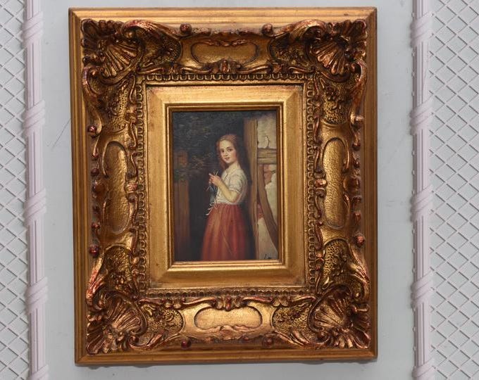 Vintage Portrait Painting – Young Girl Crocheting, Golden Frame