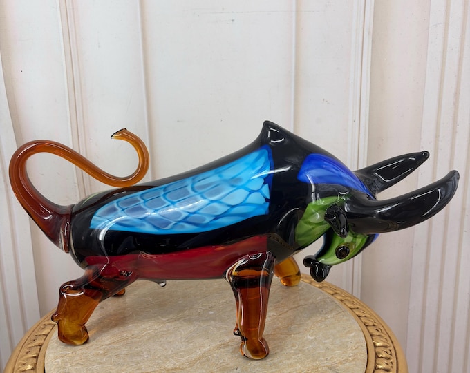 Very LARGE ! Vintage Murano Style Glass Bull: Colorful Venetian Figure, Home Decor