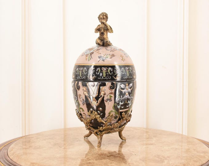 Egg Porcelain with Bronze Ormanents - Bronze Playing Trumpet Angel - Floral Ornaments - Casket Porcelain - Home Decor - Unique Gift