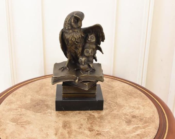 Vintage Bronze Owl Family Sculpture on Books – Signed Milo Style