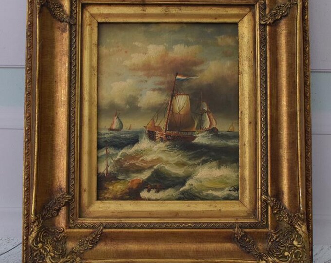 Vintage Sea Painting with Boats – Hand-Painted Art in Gold Frame – Nautical Wall Decor – Gift for Sea Lovers – Home Interior Accent