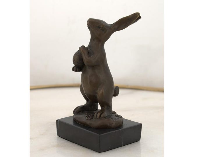 Funny Statue Rabbit with Egg Bronze Statue - Rabbit Sculpture on Marble Base - Foundry Mark - Unique Vintage Figurine - Home Decor