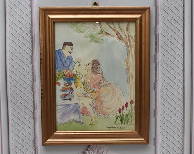 Maja Berezowska – Embracing Lovers – Intimate Couple – Watercolor & Ink on Paper – Vintage Artwork