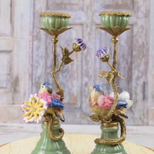 Pair Porcelain Candlesticks Bronze Ornaments Birds on a Branch Home Decor Unique Gift for Wedding Antique Candleholders image 10